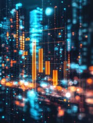 Obraz premium Creative glowing big data forex candlestick chart on blurry city background. Trade, technology, investment and analysis concept. Double exposure