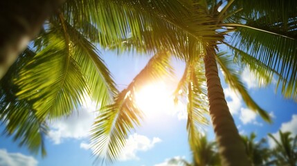 Sunshine filtering through lush palm tree leaves creating a tropical paradise atmosphere : Generative AI