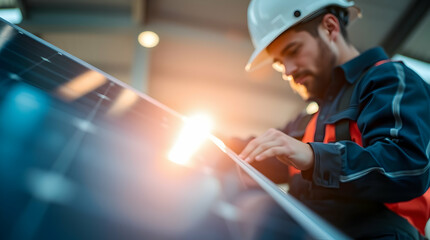 A solar power technician making adjustments to increase energy yield.