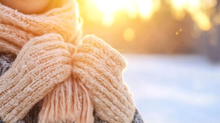 Stylish Warm Hands in Cozy Knitted Scarf with Sunshine and Snow Background in Winter : Generative AI