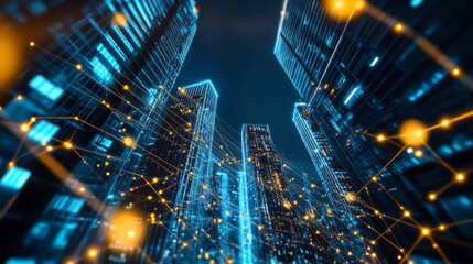 Glowing Data Network Connecting Skyscrapers in Urban Environment