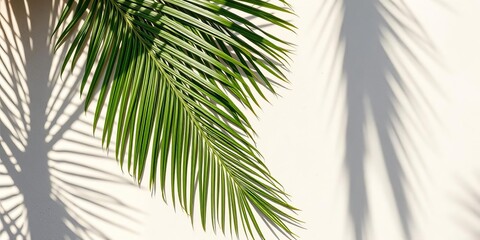 Obraz premium Top view of green tropical leaf shadow on sand color background with palm tree leaf flat lay summer concept, palm tree, copyspace