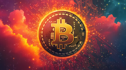 Golden Bitcoin Symbol Surrounded by Red Light