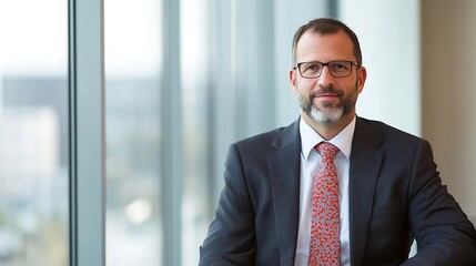 Confident Businessman in Formal Suit Sitting by a Large Window in a Modern Office Environment : Generative AI