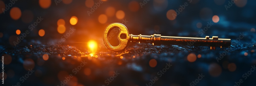 Poster golden key hovering over glowing lock in minimalist setting