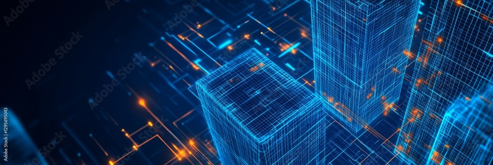 Poster neon digital blueprint of skyscraper in abstract background
