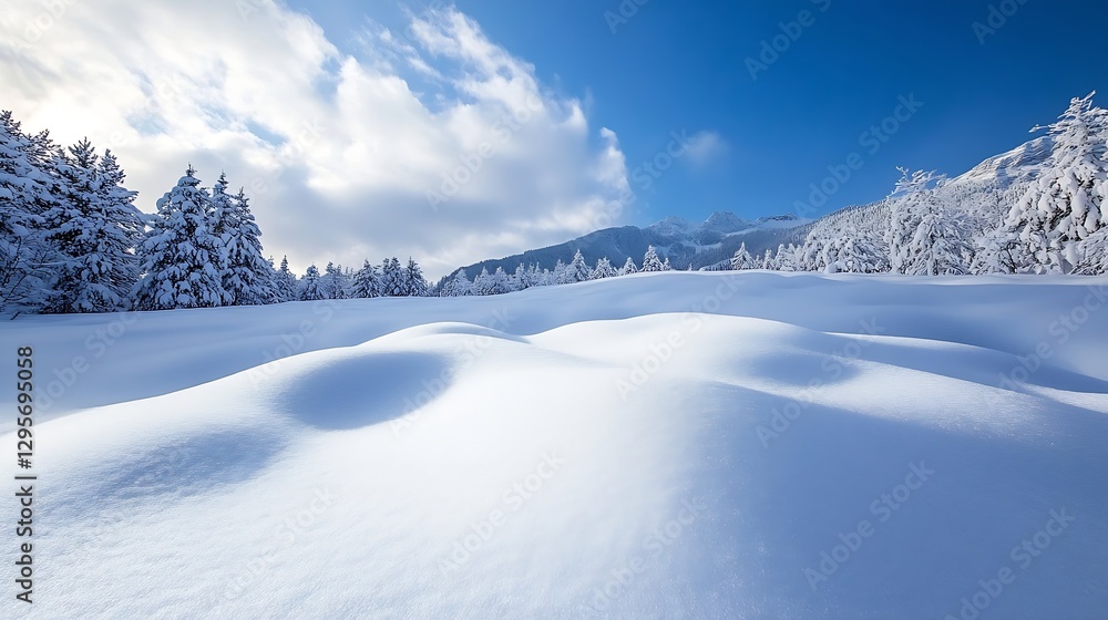 Poster pristine snowcovered landscape on a bright day with soft clouds and sparkling white terrain : genera