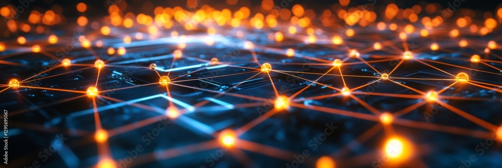 Poster glowing interconnected nodes in a futuristic network design
