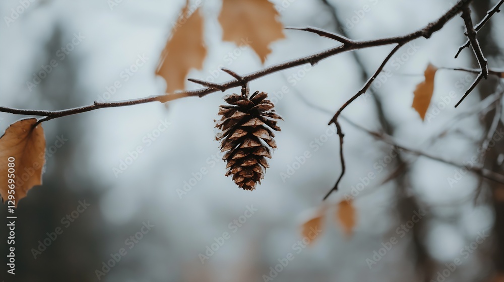 Poster isolated pine cone on a branch in a serene winter landscape with soft focus background : generative 