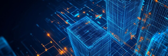 Neon Digital Blueprint of Skyscraper in Abstract Background