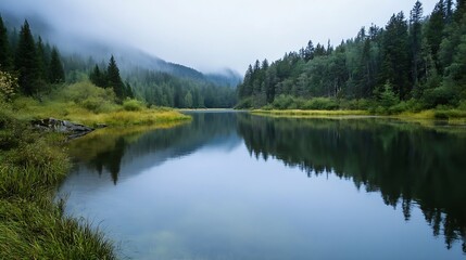 Obraz premium Calm Lake Surrounded by Forest and Misty Mountains in Nature : Generative AI