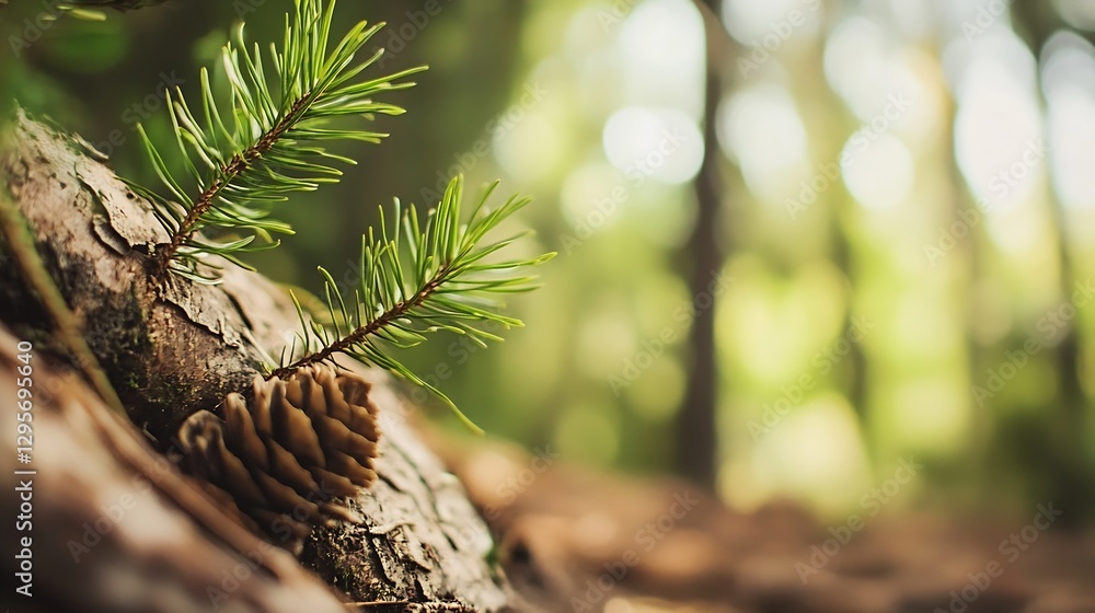 Poster close up shot of young pine needles and cone on a rustic forest floor in beautiful natural light : g