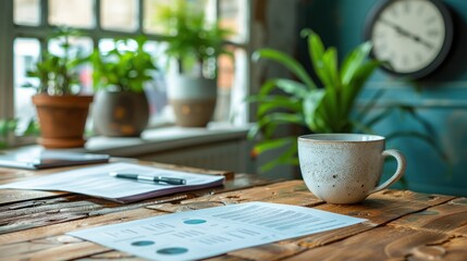 Cozy home office workspace with coffee, documents, and plants.