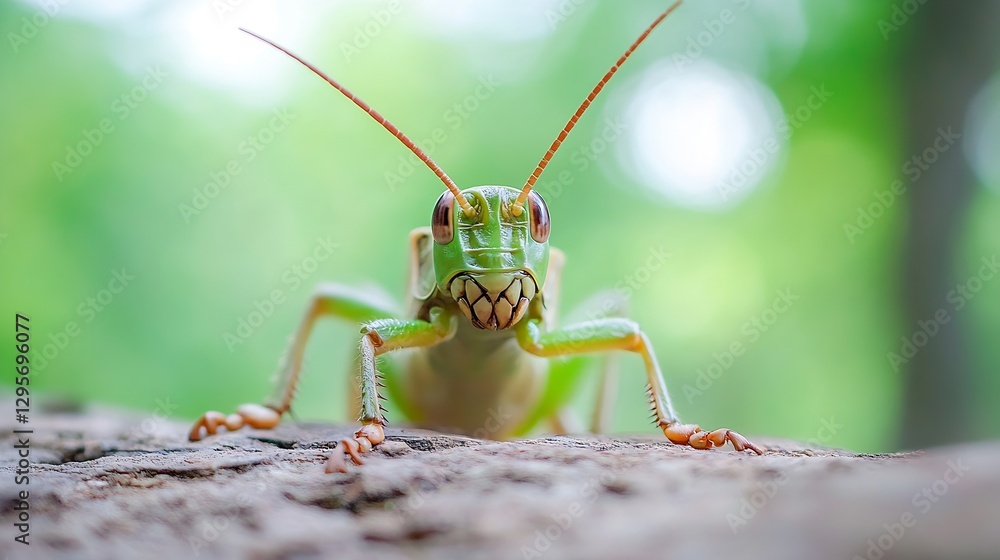 Poster closeup of a vibrant green grasshopper showing intricate details on natural background : generative 