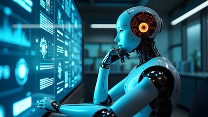 Humanoid robot sitting in a high-tech research lab.