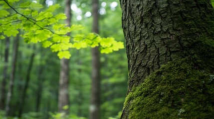 Close-Up of Textured Tree Bark and Fresh Green Leaves in Forest Environment : Generative AI