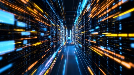 Futuristic Digital Data Connection Visualization with Dynamic Light Trails in a Modern Server Room : Generative AI