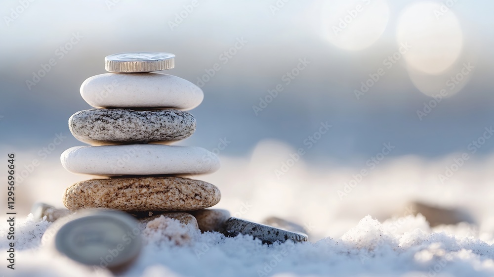 Aufkleber Carefully balanced stack of smooth pebbles and coins on a sandy beach creating a peaceful and calm scene : Generative AI
