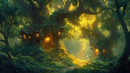 Enchanted forest filled with ancient trees covered in thick green moss, glowing softly at twilight.