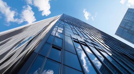 Obraz premium Modern skyscraper reaching towards the sky showcasing reflective glass architecture and bright blue clouds : Generative AI