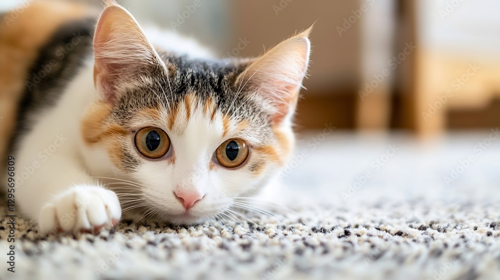 Poster adorable calico cat playfully lying on the carpet looking directly at the camera : generative ai