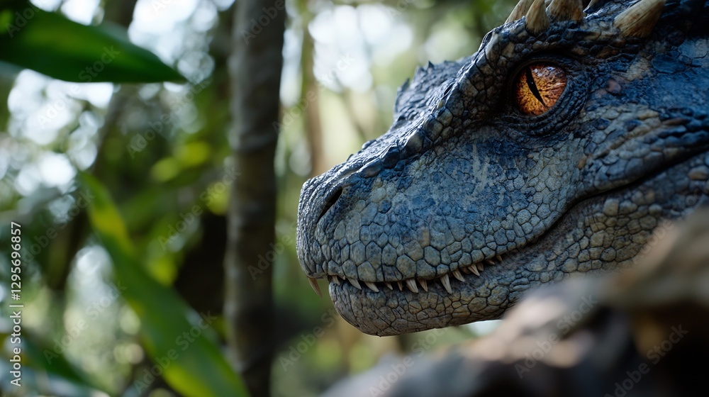 Poster Stunning Lizard with Intricate Scales and Sharp Eyes Captured in Lush Green Environment : Generative AI