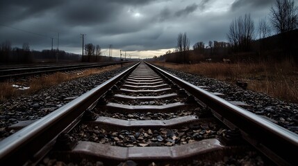 Fototapeta premium Dramatic View of Lonesome Train Tracks Under Stormy Gray Sky : Generative AI