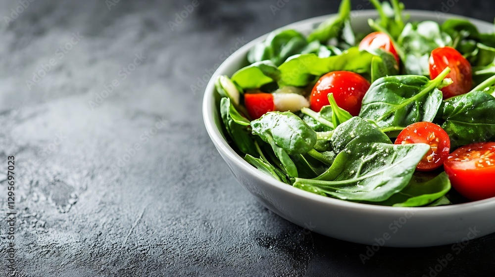 Aufkleber delicious salad bowl filled with fresh spinach and cherry tomatoes on a dark textured background : g