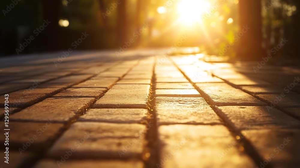 Poster Warm sunlight illuminating a cobblestone path creating a peaceful evening atmosphere : Generative AI