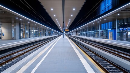 Naklejka premium Modern train station interior with sleek design and bright lighting highlighting the empty tracks : Generative AI