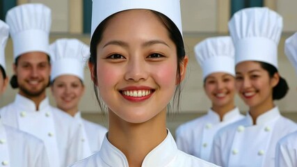 Young Asian woman chef leading a diverse culinary team in white uniforms and hats, smiling confidently