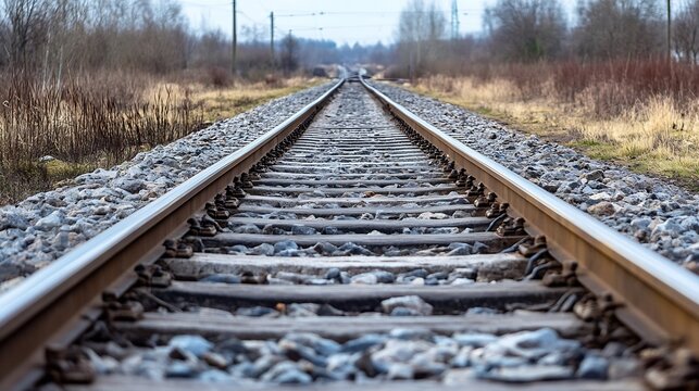 Scenic railway tracks leading into the distance lined with autumn foliage and rustic charm : Generative AI