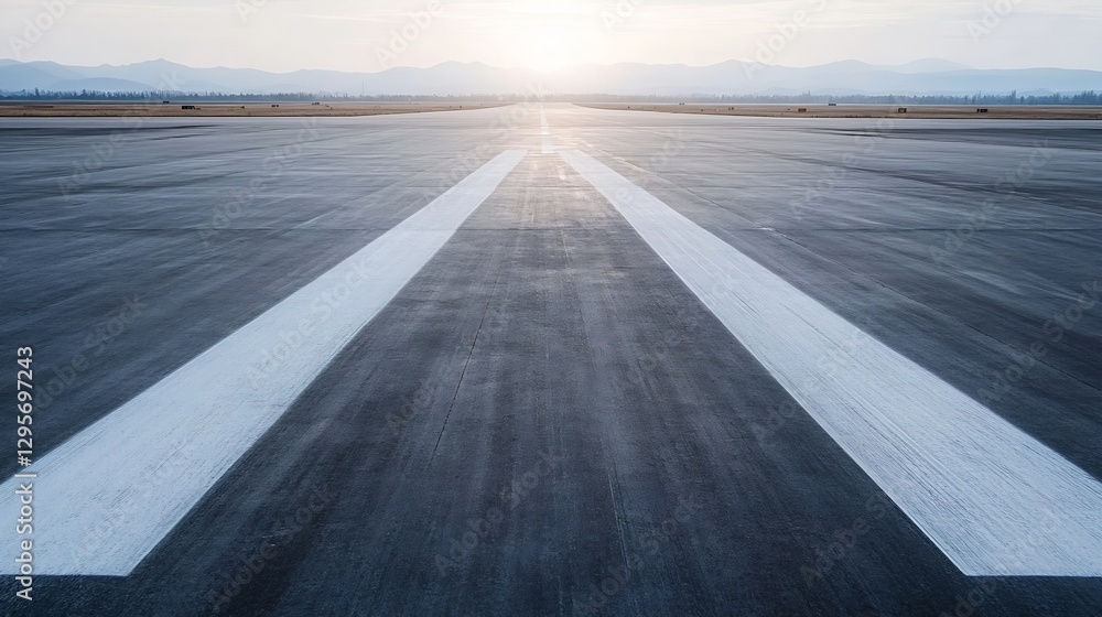 Aufkleber runway view with clear markings leading to distant mountains during a serene sunset : generative ai