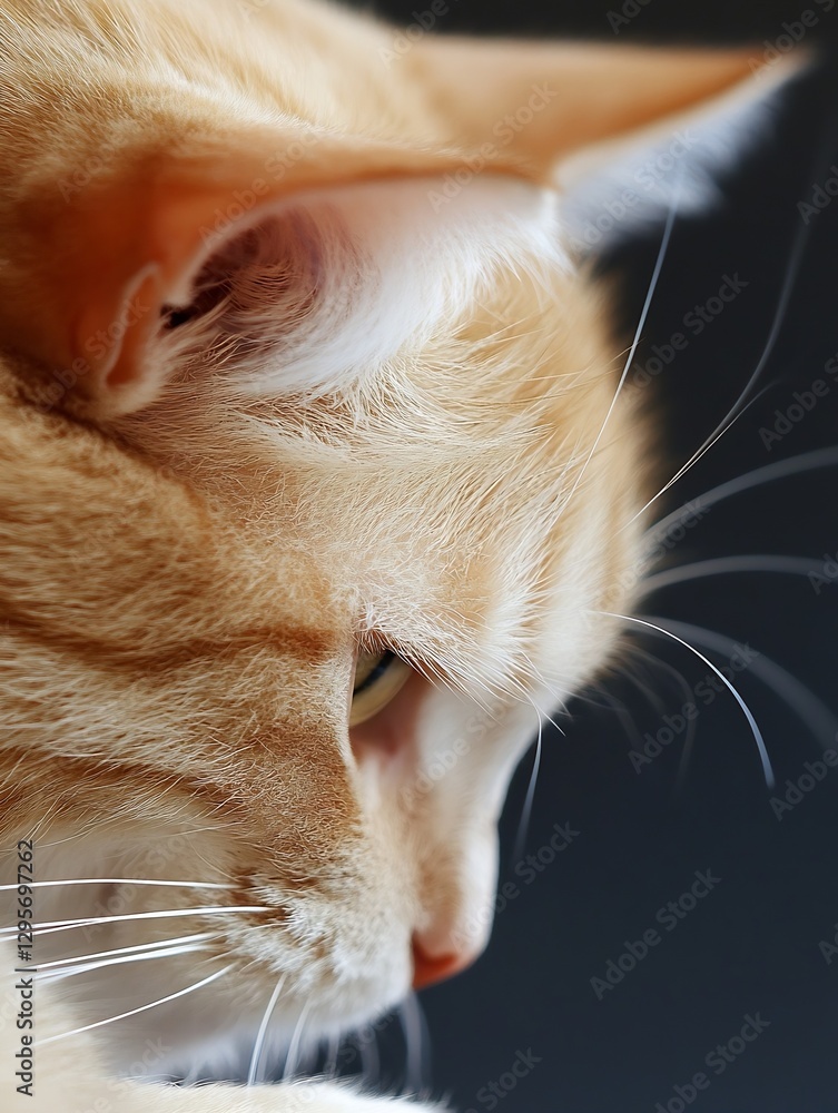 Poster close up of a gorgeous orange cat with striking fur texture and expressive eyes on dark background :
