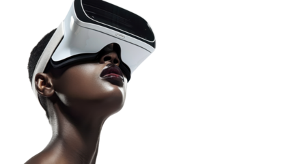 Woman wearing vr headset exploring virtual reality metaverse on transparent background
