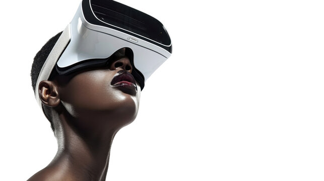 Woman wearing vr headset exploring virtual reality metaverse on transparent background