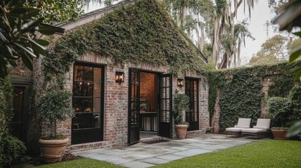 Ivy-Covered Brick House with Lush Courtyard