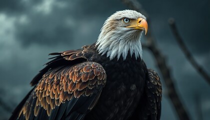 Obraz premium Fierce eagle with iridescent feathers under stormy sky mood