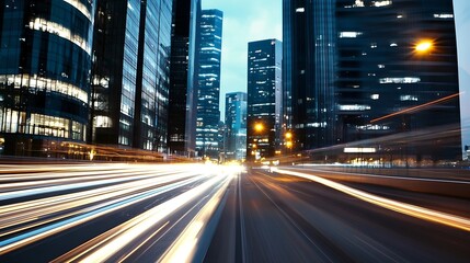 Obraz premium Dynamic Cityscape at Twilight with Audacious Light Trails of Fast Moving Cars : Generative AI