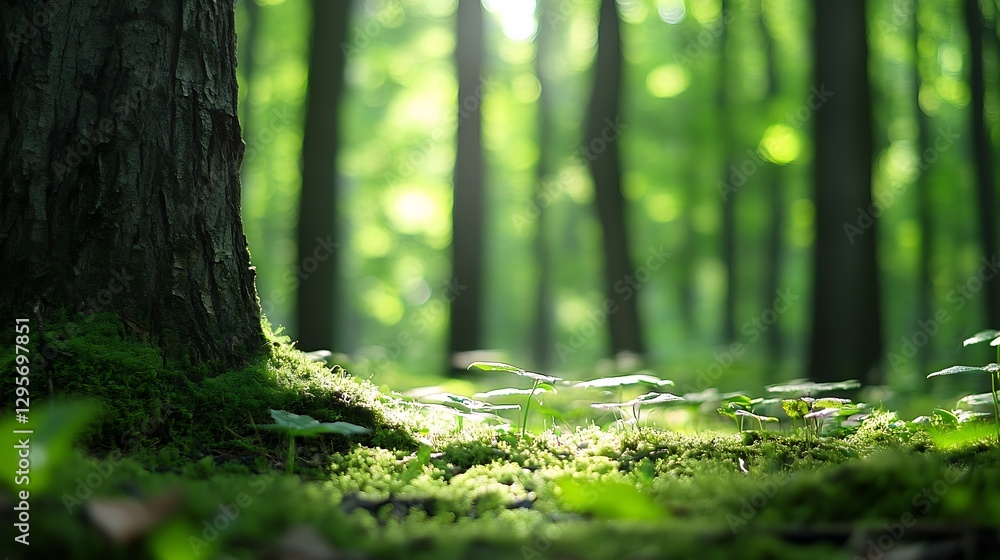 Poster serene forest floor covered with lush greenery and sunlight filtering through trees : generative ai