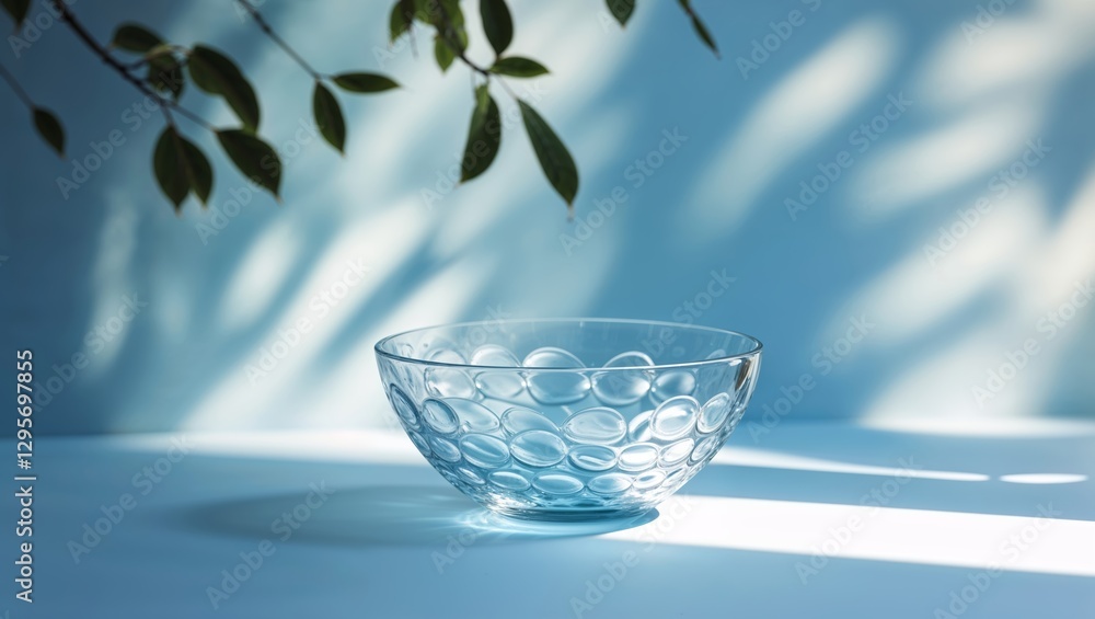 Poster glass bowl with circular patterns casts shadows on a blue surface illuminated by soft light from lea