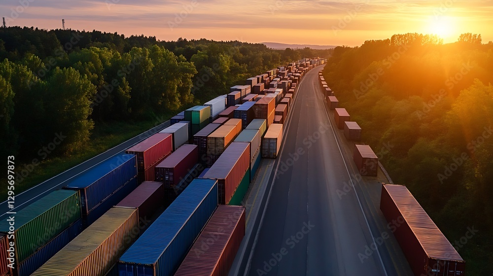 Poster aerial view of colorful shipping containers lined up along a highway during a beautiful sunset : gen