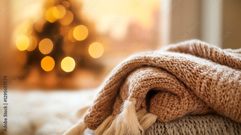 Poster cozy knitted blanket on sofa with warm bokeh lights for a comfortable and inviting home atmosphere :