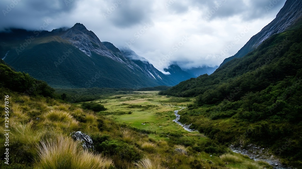 Aufkleber breathtaking mountain valley with lush greenery and dramatic clouds under a moody sky : generative a