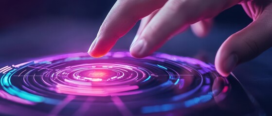 A hand reaches out to touch a vibrant, glowing interface, featuring circular patterns in neon colors against a dark background.