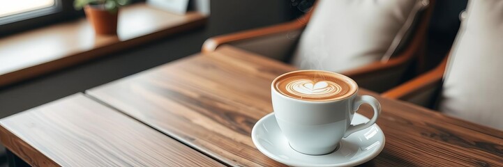 Steaming cup of coffee on wooden table with delicate latte art radiating warmth and elegance, morning, steaming