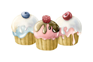 Cute cupcakes with berry fruit. Watercolor hand painted food illustration isolated on white background for kids birthday