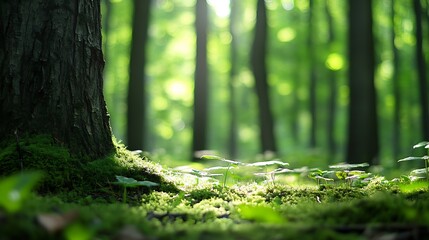 Serene forest floor covered with lush greenery and sunlight filtering through trees : Generative AI