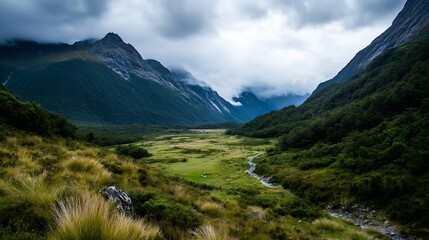Breathtaking mountain valley with lush greenery and dramatic clouds under a moody sky : Generative AI