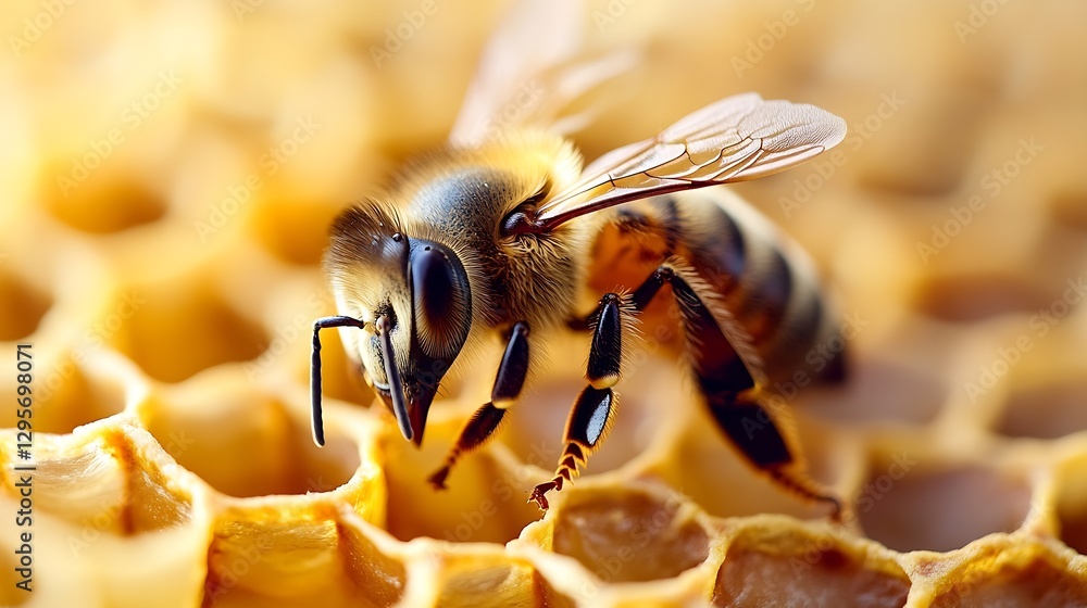Poster Close Up of a Honey Bee Collecting Pollen on Honeycomb in a Beehive Environment : Generative AI